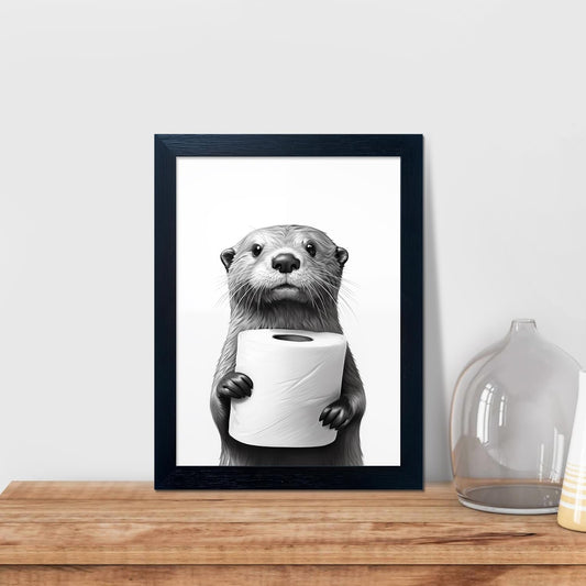 Bathroom Picture Wall Decor, Framed Black and White Bathroom Wall Art, Toilet Paper in Little Funny Raccoon's Hand Animal Canvas Print Painting