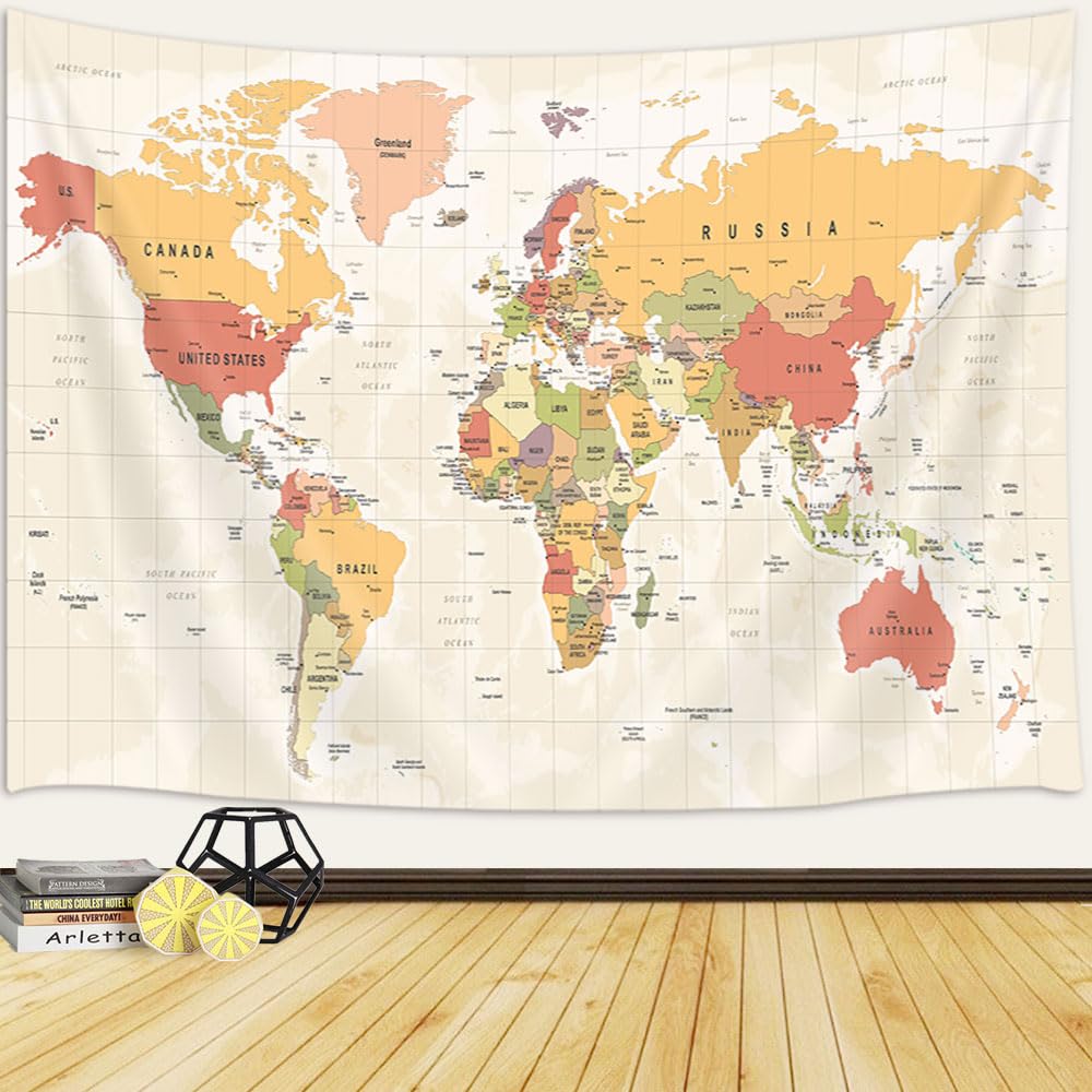 JAWO World Map Tapestry, Map of the World with Countries and Major Cities Wall Tapestries for Kids Student, World Map of the World Tapestry 60X40 Inch(Yellow)