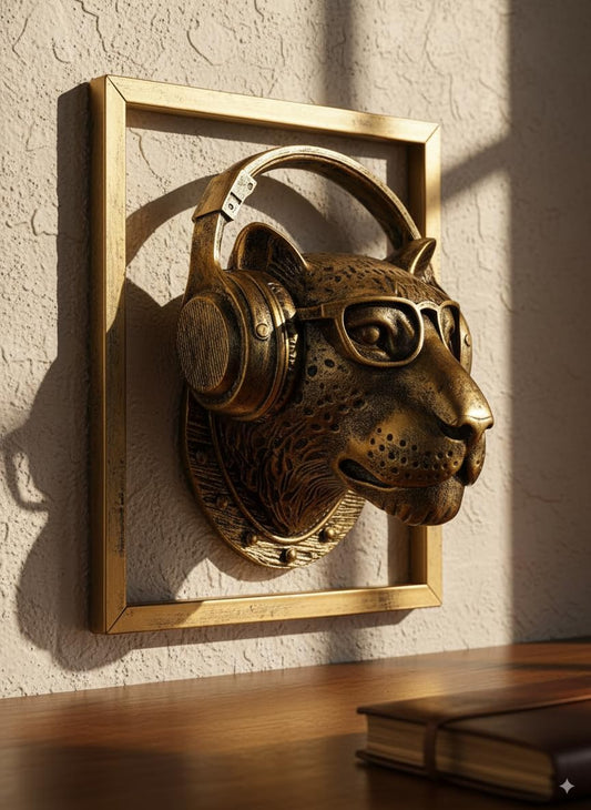 JJALIGHTS Exquisite Resin Animal Head Wall Sculpture (Gift Metal Frame) - Imitation Copper Vintage Decor for Living Room, Bedroom & Office | Decorative Wall Hanging Art (Leopard)