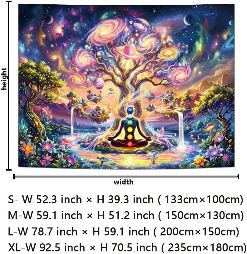 Lahasbja Blacklight Chakra Tree of Life Tapestry Trippy Galaxy Space Meditation Tapestry UV Reactive Spiritual Yoga Wall Hanging Aesthetic Planet Waterfall Landscape Background for Bedroom