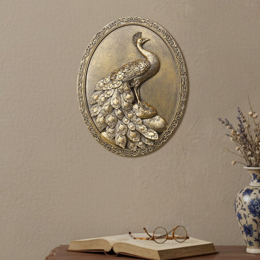 Newinhome Vintage Peacock Wall Sculpture Antique Wall Decor, Hand Painted Wall Decoration with Embossed Peacock Design, Gold Decor for Bedroom Living Room Hallway, Housewarming Gift