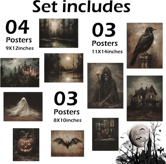 Whaline 10Pcs Halloween Dark Wall Art Prints Creepy Halloween Aesthetic Paper Posters Witchy Picture Decorations for Gallery Living Room Bedroom Office, Unframed