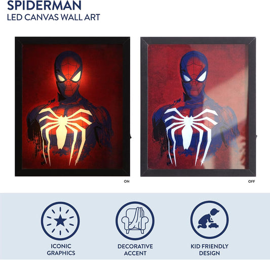 Marvel Spiderman Dual LED Wall Art,Superhero Décor, Red & Blue Comic Style Print, Official Framed Artwork for Kids Room, Bedroom, or Game Room,16"x16"
