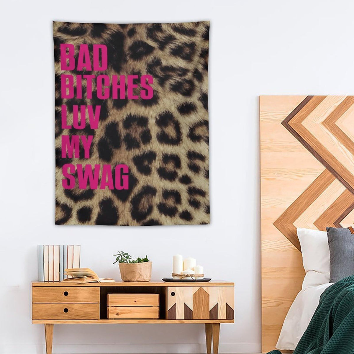 Gyvif Leopard Print Pink SWAG Slogan Wall Tapestry, Y2K Street Style Wall Hanging For Bedroom Dorm, Gift For Teens & Streetwear Lovers