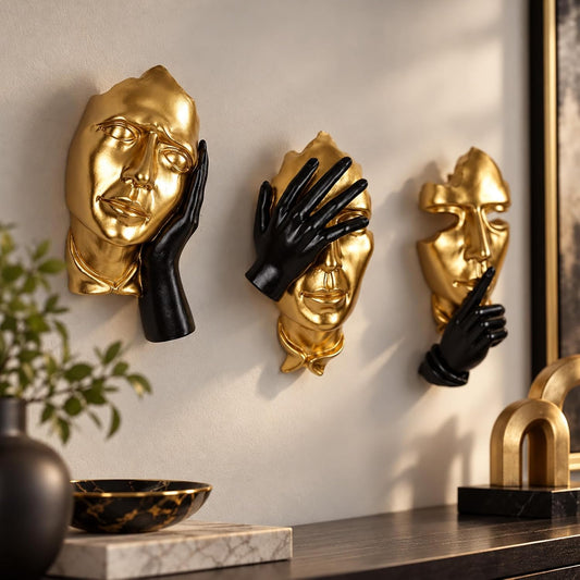 Face Wall Sculptures Set of 3, Modern 3D Abstract Wall Art, Black and Gold