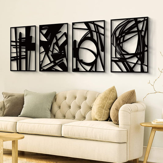 Glamativity 4 Pack Black Abstract Metal Wall Art, Minimalist Décor Single Line Art Wall Décor, 3D Textured Metal Wall Sculptures, for Living Room Bedroom Bathroom Study Room (Black Abstract, M Size 16 x 11'')