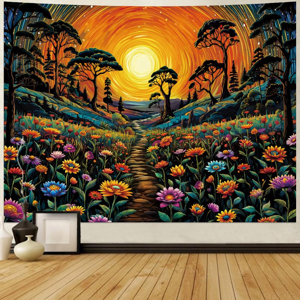 Lahasbja Great Wave Tapestry Vintage Sun Mountain Landscape Wall Hanging Aesthetic Japanese Ocean Wave Wall Tapestries Cherry Blossom Sunset Backdrop Retro Sea Art for Room