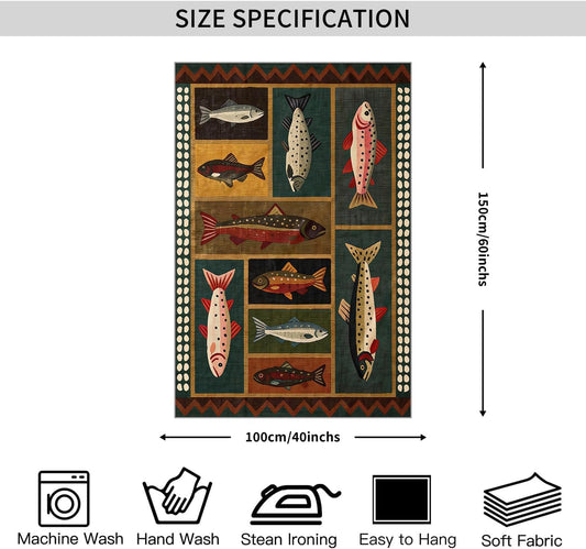 FoxUncle Fish Tapestry 40 x 60 Inches Vintage Dark Western Wall Art Rustic Country Salmon Trout Painting Retro Cabin Aesthetic Decor for Living Room Bedroom