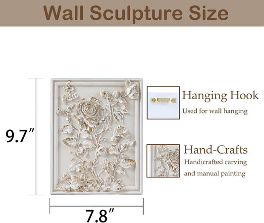Kangce Vintage Wall Sculptures,Vintage Wall Decor,Antique Art Decor with Hand-Carved Rose Pattern,Ornate Victorian Home Decor,for Living Room, Bedroom,Hallway Gallery,Rectangular,Off-White and Gold