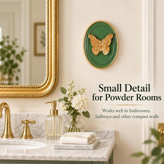 Gold Butterfly Wall Decor, Vintage 3D Resin Wall Sculpture, Green Oval Art