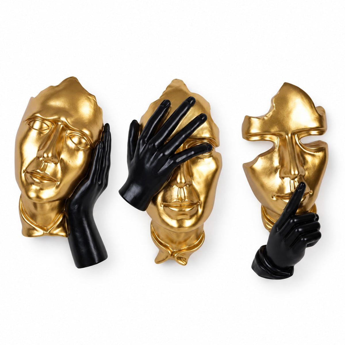 Face Wall Sculptures Set of 3, Modern 3D Abstract Wall Art, Black and Gold