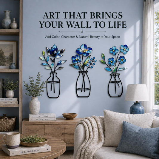 3 Pcs Metal Vase Wall Arts,Iron Art Painting,Rustic Farmhouse Decor Minimalist Flower Wall Decor for Bedroom Bathroom Living Room Dining Room(Blue, Vase-D)