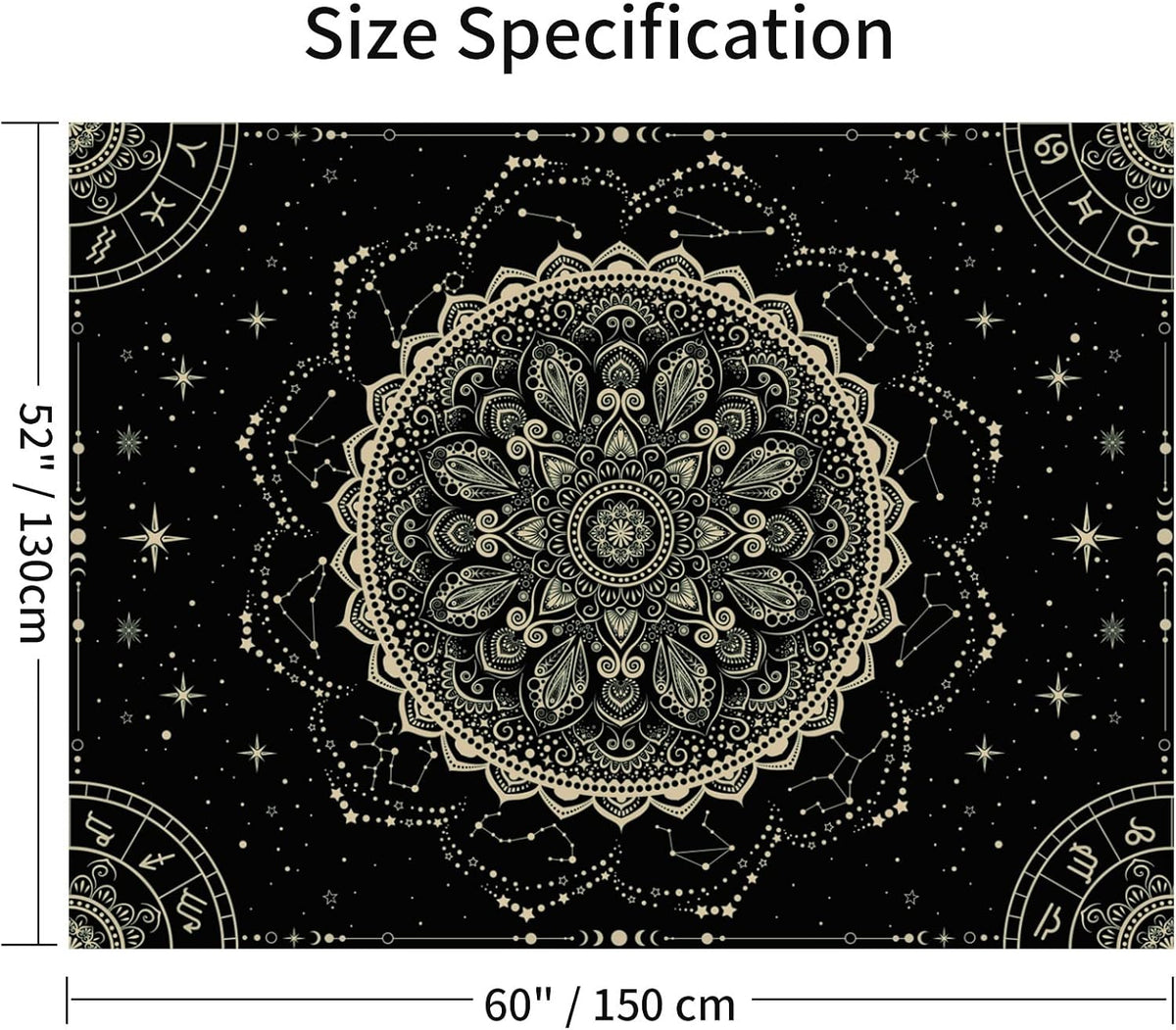 FLY SPRAY Black Golden Mandala Tapestry Astrology Space Wall Hanging Tapestries Wall tapestrys Large Aesthetic Hippie Decor Bohemian Art Boho Home Talestry for Bedroom,Living Room,Ceiling