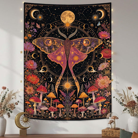 Rexful Celestial Moth Tapestry Wall Hanging Gothic Witchy Moon Phase Mushroom Flower Mystical Design Aesthetics Tapestries for Bedroom Living Room Home Decor