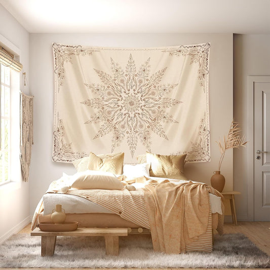 Damanse Floral Tapestry Wall Hanging Cute,Boho Wall Tapestry for Bedroom Aesthetic,Mandala Living Room Decor for Teen Girls (Flaxen, 78.7L x 59.8W)