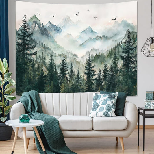 Zussun Misty Forest Mountain Tapestry Sage Green Nature Pine Tree Tapestry for Bedroom Aesthetic Watercolor Foggy Woodlands Birds Landscape Tapestries Wall Hanging for Living Room Dorm 48 x 36 Inch
