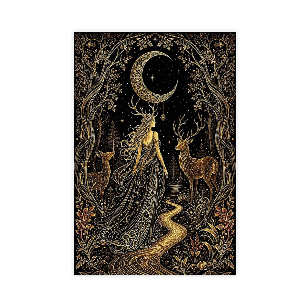 Tilvst Golden Moon Goddess Deer Forest Art Tapestry Canvas Poster
