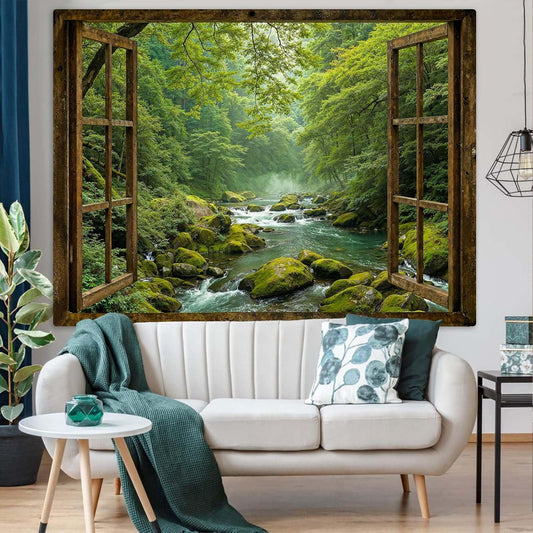 Accnicc Window Forest Tapestry Green Nature Jungle Wall Tapestry for Bedroom Aesthetic Rainforest Stream Outdoor Landscape Small Tapestries Wall Hanging for Dorm Living Room Decor 48 x 36 Inch