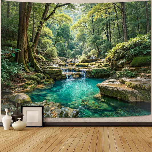 Zussun Nature Forest Tapestry Green Tree Wall Tapestry for Bedroom Aesthetic Plant Stream Pool Landscape Small Tapestries Wall Hanging for Dorm Living Room Decor 48 x 36 Inch