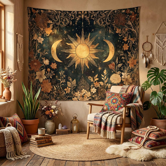 Gruaoihy Vintage Sun and Moon Tapestry, Retro Aesthetic Floral Wall Hanging for Bedroom Dorm Decor, 36x48 inches