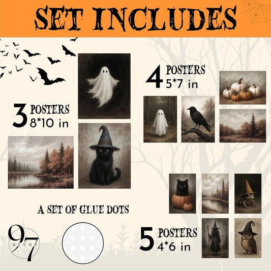 97 Decor Vintage Halloween Wall Art, Ghost and Witchy Posters, Unframed