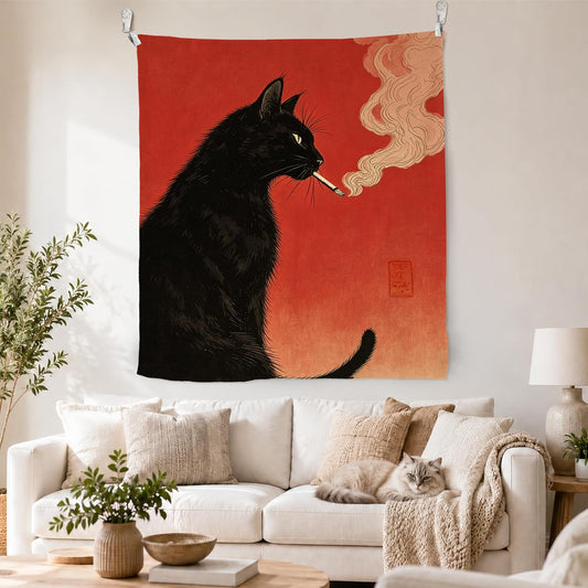 WPQTHIP Funny Black Cat Smoking Tapestry, Whimsical Japanese Cat Wall Tapestries, Vintage Red Quirky Black Kitten Wall Hanging Decor for Home Bedroom Living Room Kitchen, 50x60 Inch