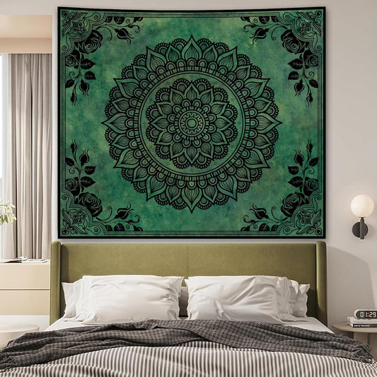 Green Boho Mandala Tapestry for Bedroom, Large Hippie Ceiling Wall Hanging