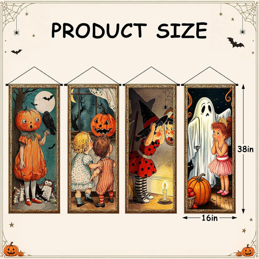 Pawliss Halloween Wall Art Posters 4 Pack, Vintage Retro Storybook Style Halloween Indoor Decorations, Cute Spooky Wall Decor for Bedroom Livingroom Home Party, 16" x 39" Framed Wall Hanging Prints