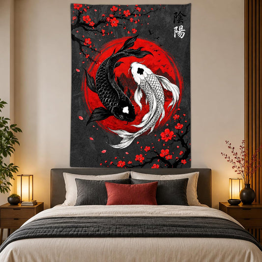 Sanzugh Japanese Yin Yang Koi Fish Tapestry, Cool Red and Black Anime Sakura Art Tapestries Vertical Wall Hanging for Men Bedroom Living Room Office Decor 40X60, Asian Cherry Blossoms Posters