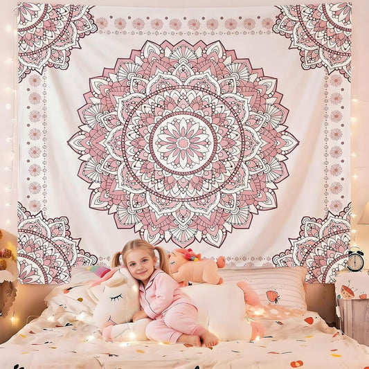 Pink Mandala Tapestry for Bedroom Aesthetic, Boho Art Large Wall Hanging