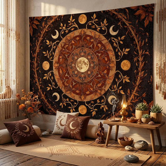 Spenlife Moon Phase Tapestry, Autumnal Mandala Tapestries for Bedroom, Boho Wall Decor, Botanical Tapestries (60" x 44")