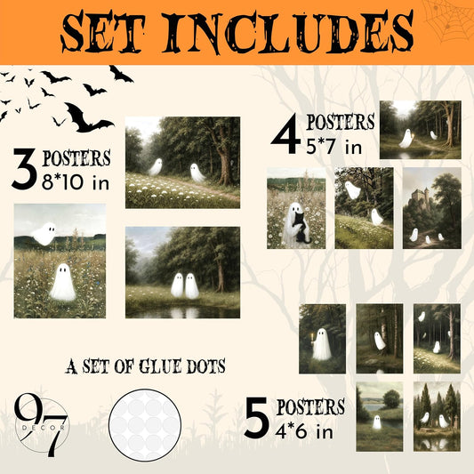 97 Decor Cute Ghost Wall Decor, 12 Pcs Vintage Halloween Prints