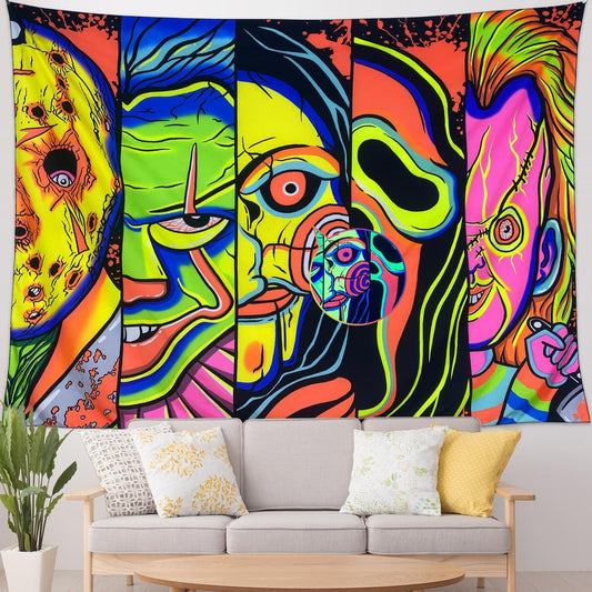 ARTCREATOR Black Light Art Halloween Wall Decor Trippy Blacklight Horror Face Tapestry, UV Reactive Tapestries Glow in The Dark Party Tapestry for Bedroom, Living Room (29" x 37")