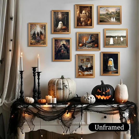 Halloween Wall Art Set of 9, Vintage Ghosts Halloween Wall Decor, Witch Ghost Art Canvas Prints, Rustic Farmhouse Halloween Posters for Living Room Bedroom Bathroom Home Decor 8x10 Inch Unframed