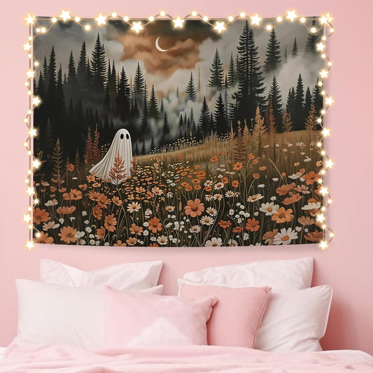 NATSUNO Halloween Tapestry, Halloween Spooky Ghost Wall Tapestry for Bedroom, Whimsical Enchanted Forest Flower Ghost Tapestries Wall Hanging for Home Living Room Decor, 50x60 Inches