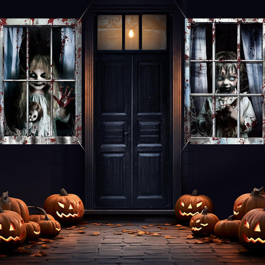 2 Pcs Halloween Scary Window Curtain Cover, Boy and Girl