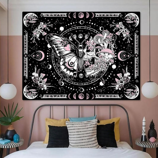 Fungarth Skeleton Butterfly Tapestry Pink Skull Hippie Mushroom Plants Tapestry for Bedroom Moon phase Aesthetic Tapestries Wall Hanging for Living Room Dorm (Pink, 48” x 36”)