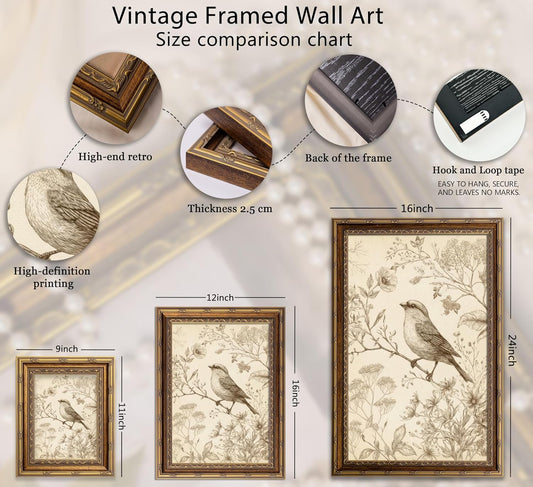 Vintage Gold Framed Bird Canvas Wall Art Retro Farmhouse Sparrow Painting Picture Wall Decor Rustic Floral Botanical Poster Print Artwork for Living Room Bedroom Home Decoration