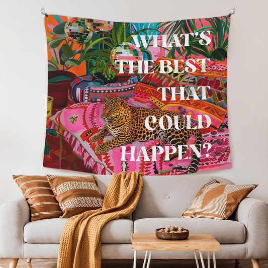 XLDLIOO Preppy Leopard Disco Classroom Tapestry, What's The Best That Could Happen, Retro Maximalist Tapestry Hanging for Girly Room Bedroom, Groovy Tapestries Wall Decor Art for Teen Girls Dorm 50x60in