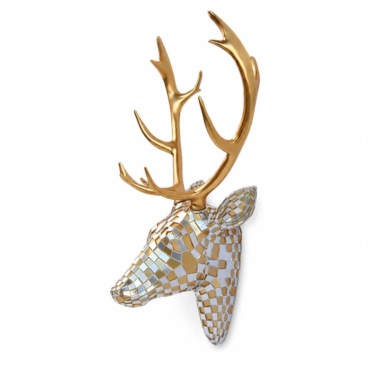 GIGICICI Mosaic Deer Head Wall Decor 15.7x8.7 Inch, Artistic Faux Resin Animal Head Wall Sculpture Hanging for Living Room Bedroom Kitchen Office, White-Gold Gift