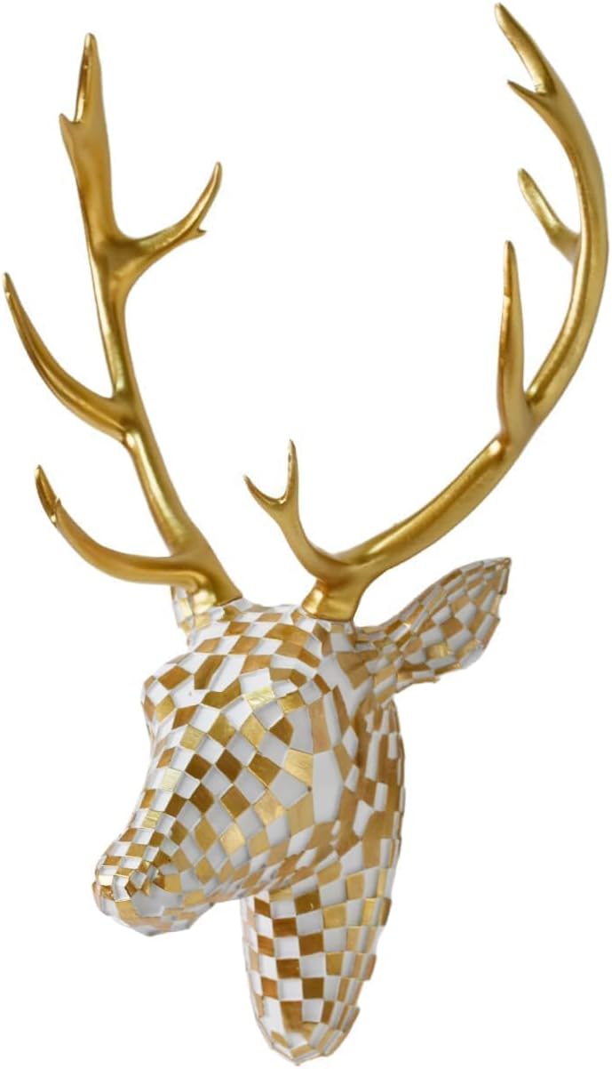 GIGICICI Mosaic Deer Head Wall Decor 15.7x8.7 Inch, Artistic Faux Resin Animal Head Wall Sculpture Hanging for Living Room Bedroom Kitchen Office, White-Gold Gift