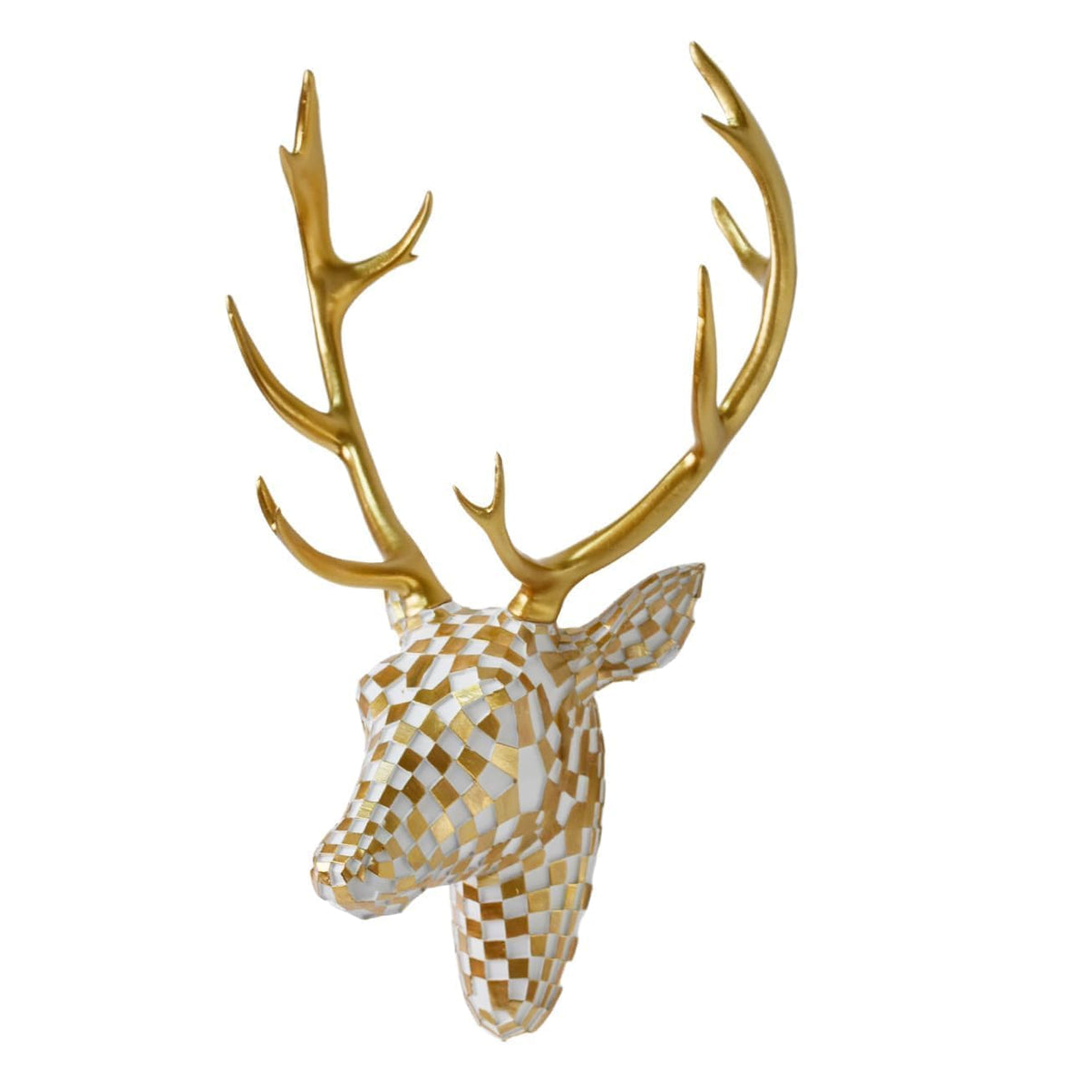 GIGICICI Mosaic Deer Head Wall Decor 15.7x8.7 Inch, Artistic Faux Resin Animal Head Wall Sculpture Hanging for Living Room Bedroom Kitchen Office, White-Gold Gift