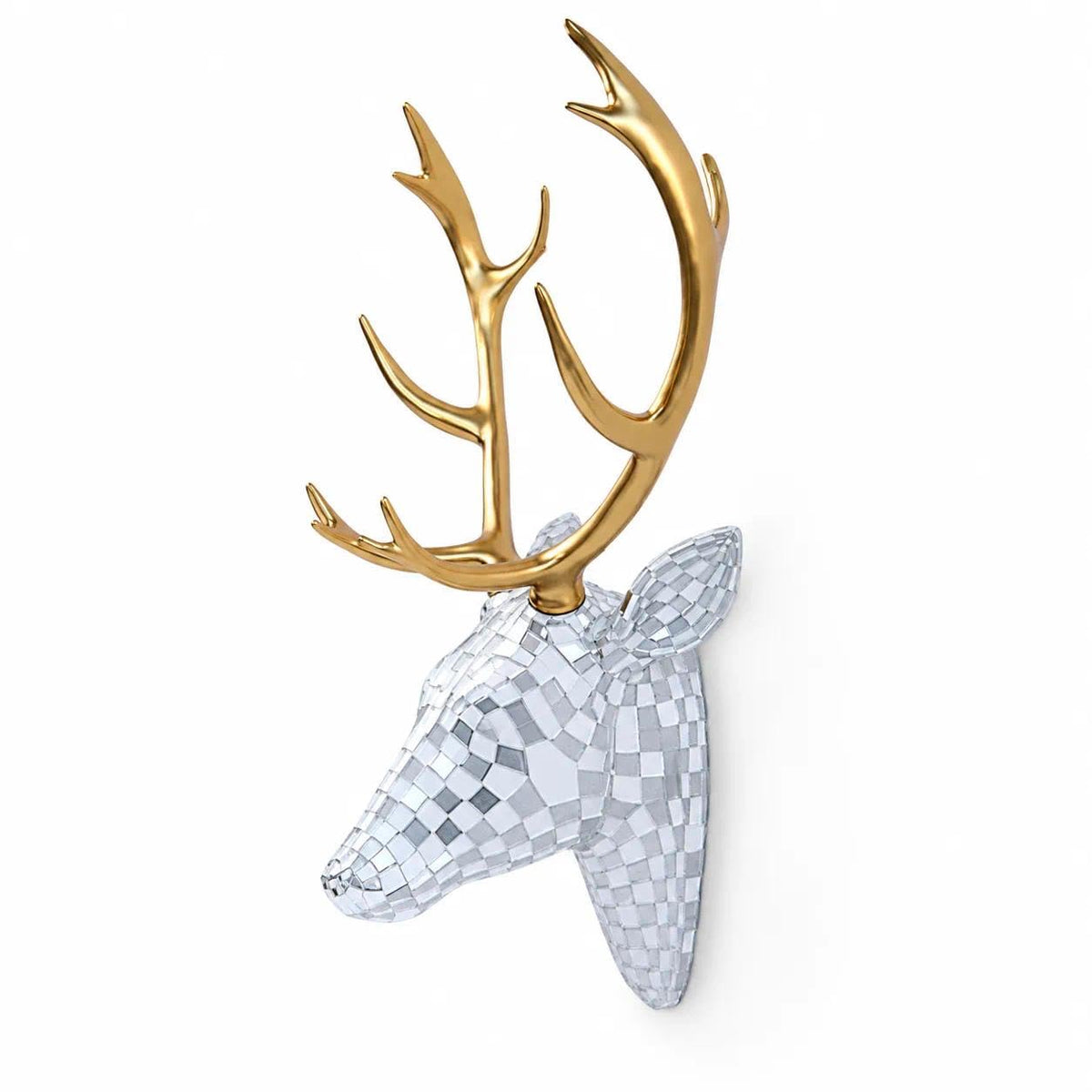 GIGICICI Mosaic Deer Head Wall Decor 15.7x8.7 Inch, Artistic Faux Resin Animal Head Wall Sculpture Hanging for Living Room Bedroom Kitchen Office, White-Gold Gift