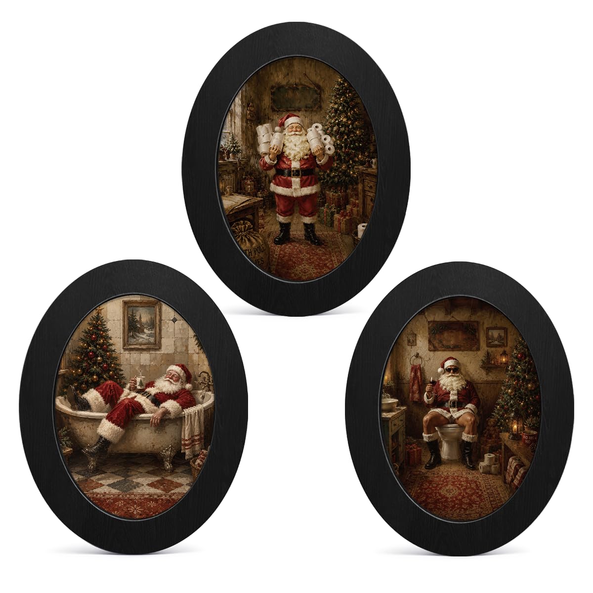 3Pcs Funny Ghost Halloween Bathroom Oval Wall Art Framed Spooky Decor