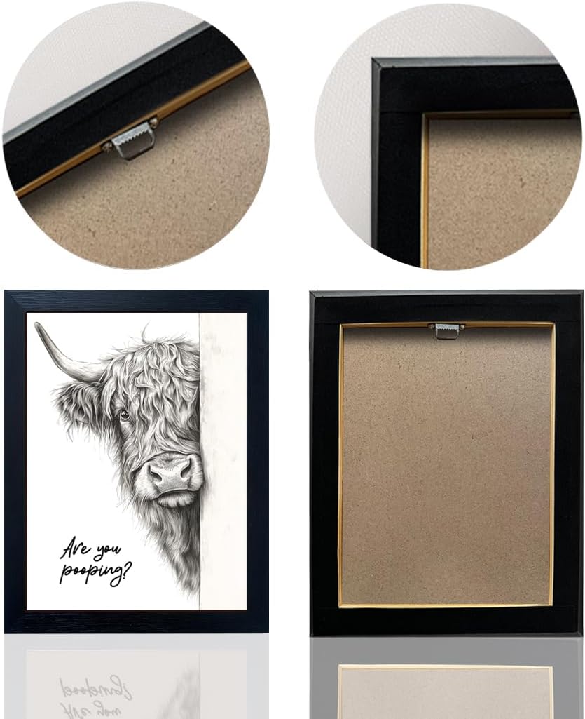 Funny Highland Cow Bathroom Wall Art - Rustic Farmhouse Wall Decor with Humorous Are You Pooping Canvas Print, Cute Animal Canvas Art for Restroom - Black Framed Cow Pictures Wall Decor Ready to Hang 8"x10"