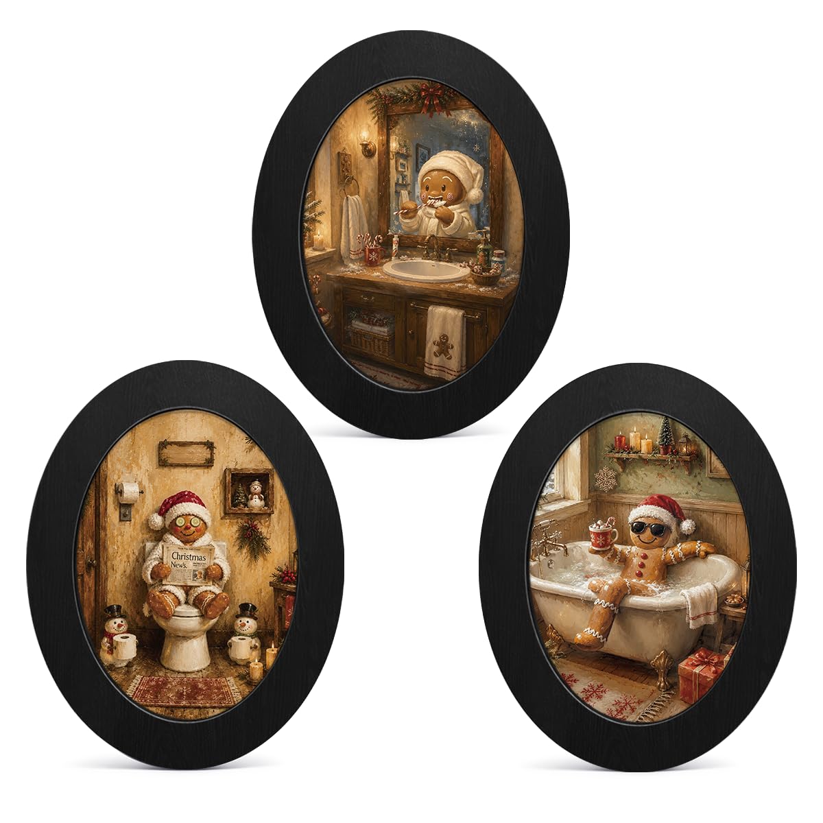 3Pcs Funny Ghost Halloween Bathroom Oval Wall Art Framed Spooky Decor