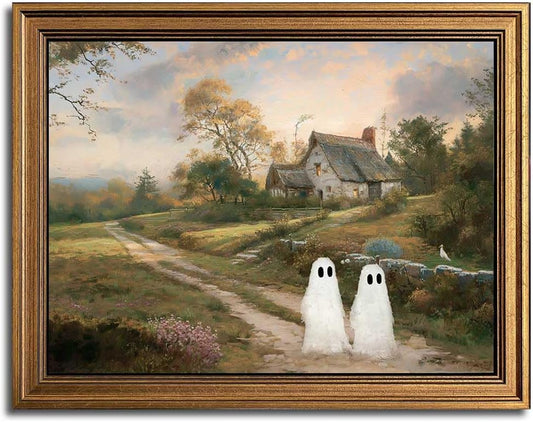 Wemandh Framed Halloween Decorations Fall Decor Wall Art, Rustic Landscape Wall Decor, Cute Ghost Decor Wall Art, Aesthetic Halloween Wall Decor (9.5''x12'')