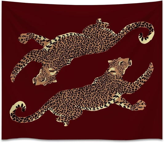 Burgundy Leopard Wall Tapestry Double Wild Cat Illustration Graphic Jungle Art Edgy Teen Room Dorm Decor Large Fabric Hanging Statement Tapestries 30x40inch