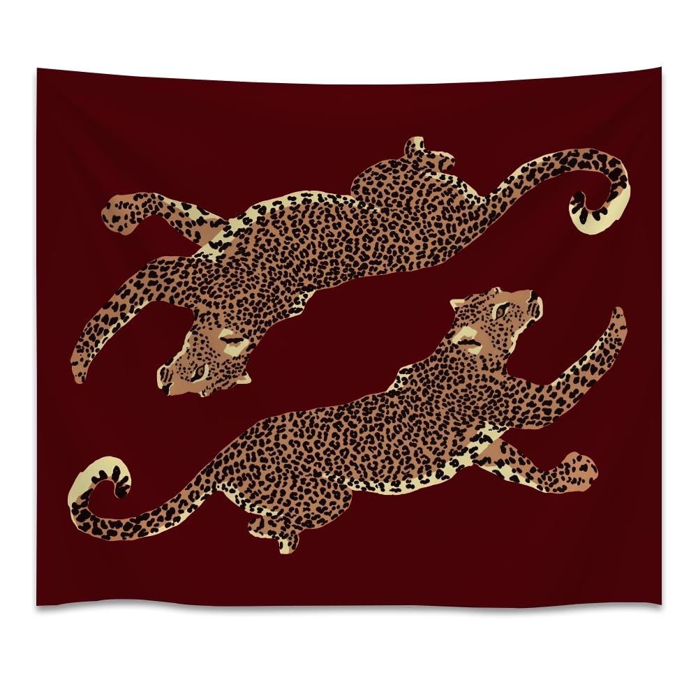Burgundy Leopard Wall Tapestry Double Wild Cat Illustration Graphic Jungle Art Edgy Teen Room Dorm Decor Large Fabric Hanging Statement Tapestries 30x40inch