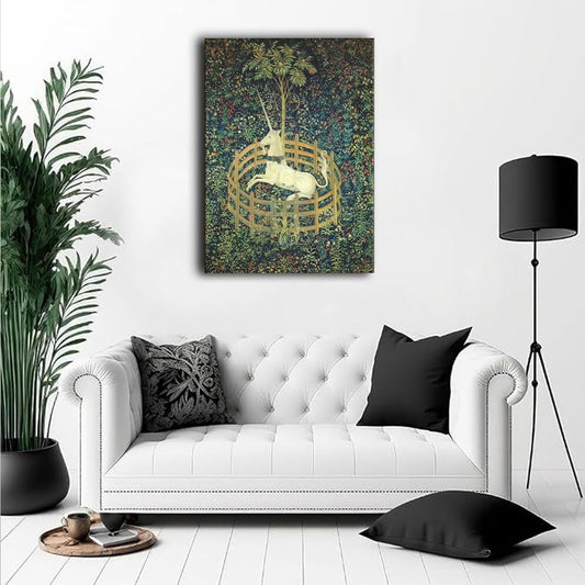 Medieval Tapestry Style Unicorn In Enclosed Garden (Unframed,28x40 inch)